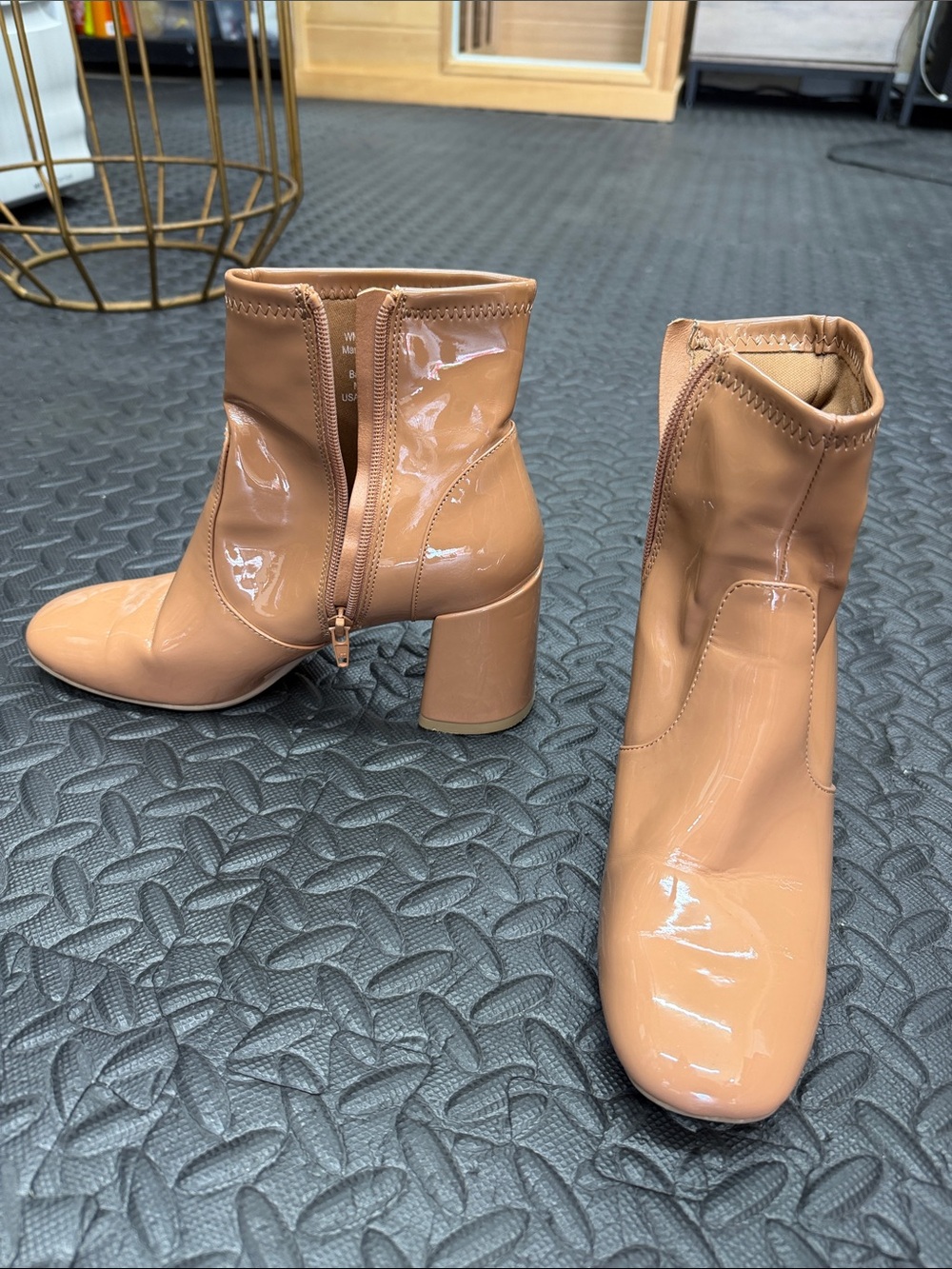 Patent Block Heel Ankle Booties in Nude Tan